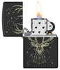 Deer Constellation Design Black Matte Windproof Lighter with its lid open and lit.