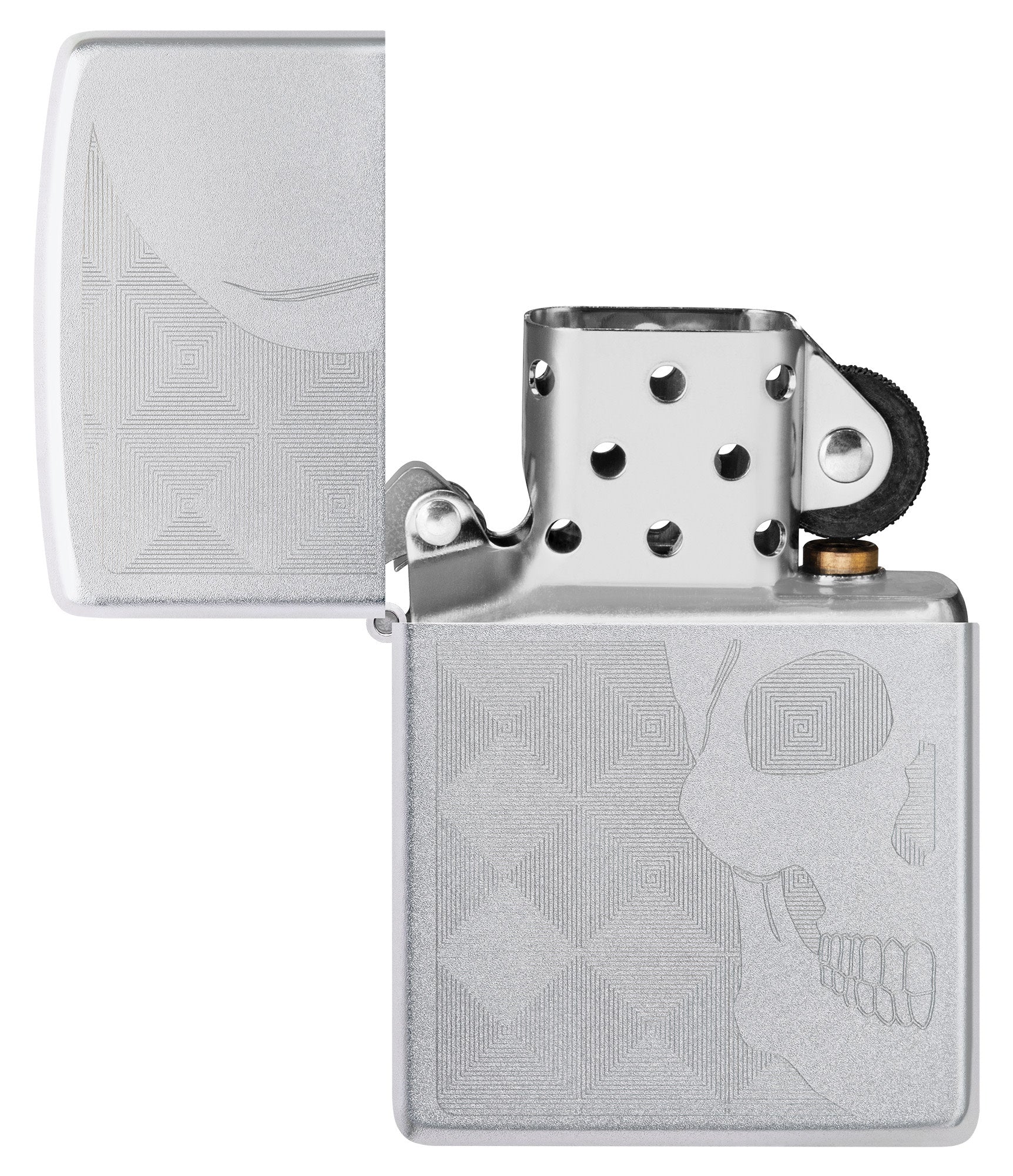 Skull Design Auto Engraved Satin Chrome Windproof Lighter with its lid open and unlit.