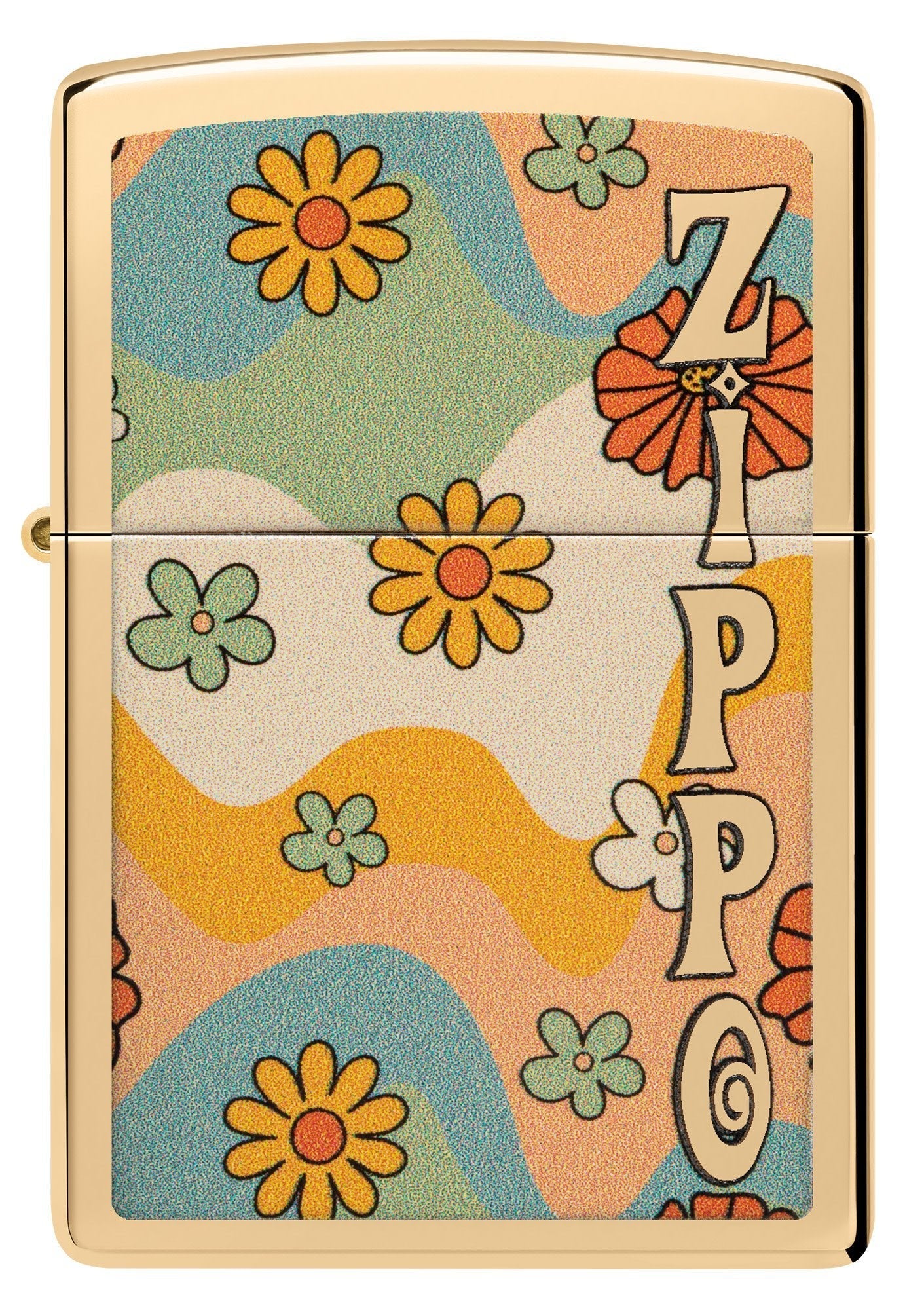 Front view of Zippo Flower Power Design High Polish Brass Windproof Lighter.