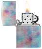 Zippo Holographic Design 540 Fusion Windproof Lighter with its lid open and lit.