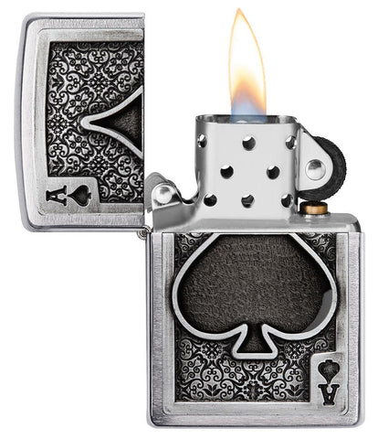 Ace Of Spades Emblem Brushed Chrome Windproof Lighter with its lid open and lit.