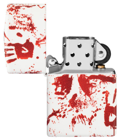 Bloody Hand Design 540 Color Windproof Lighter with its lid open and unlit.