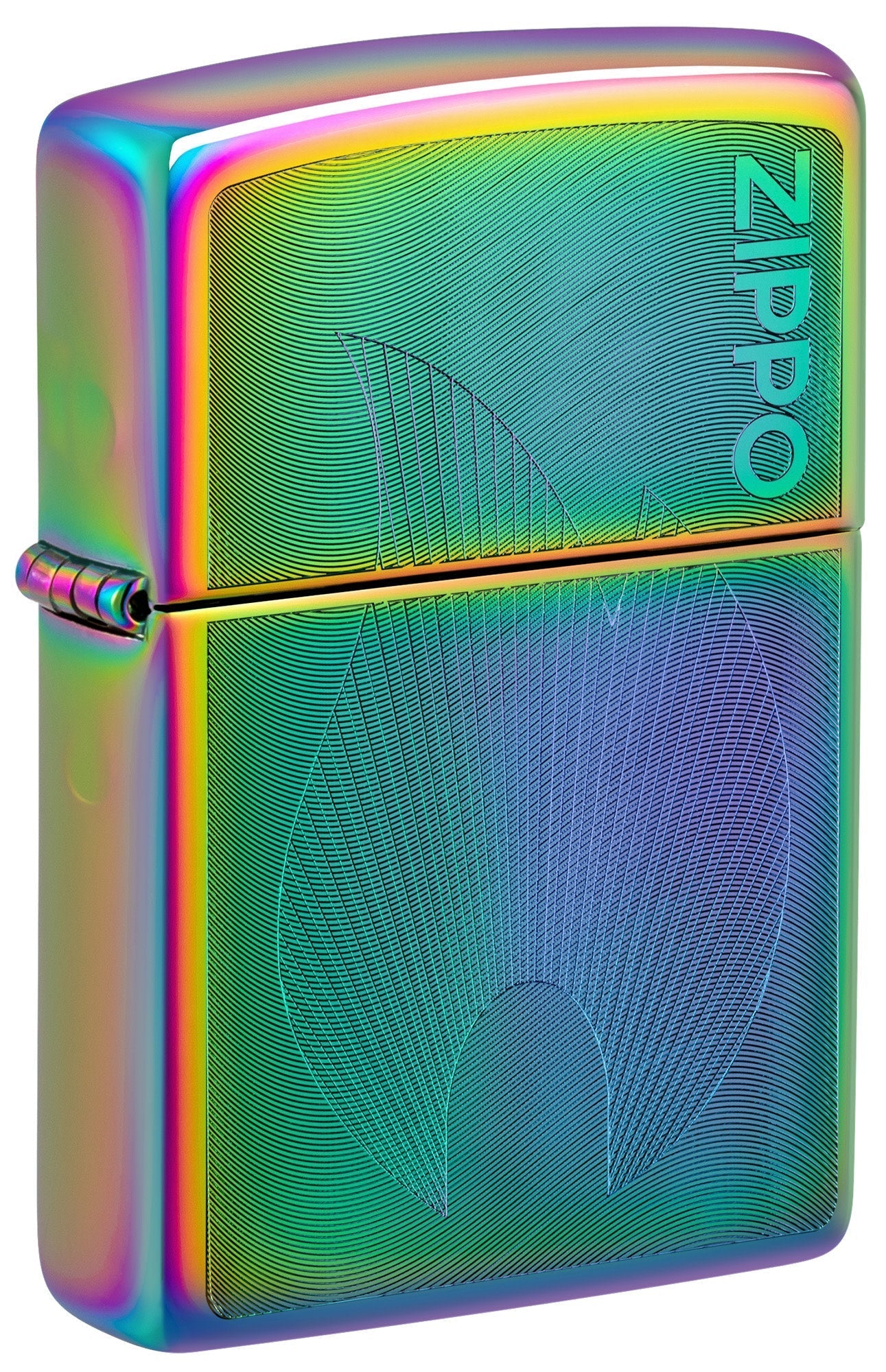 Front shot of Zippo Dimensional Flame Design Multi Color Windproof Lighter standing at a 3/4 angle.