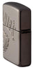 Angled shot of Jack Daniel's® Armor® High Polish Black Ice® Windproof Lighter showing the back and hinge side of the lighter