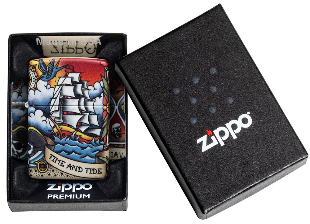 Nautical Tattoo Design 540 Color Windproof Lighter in its packaging